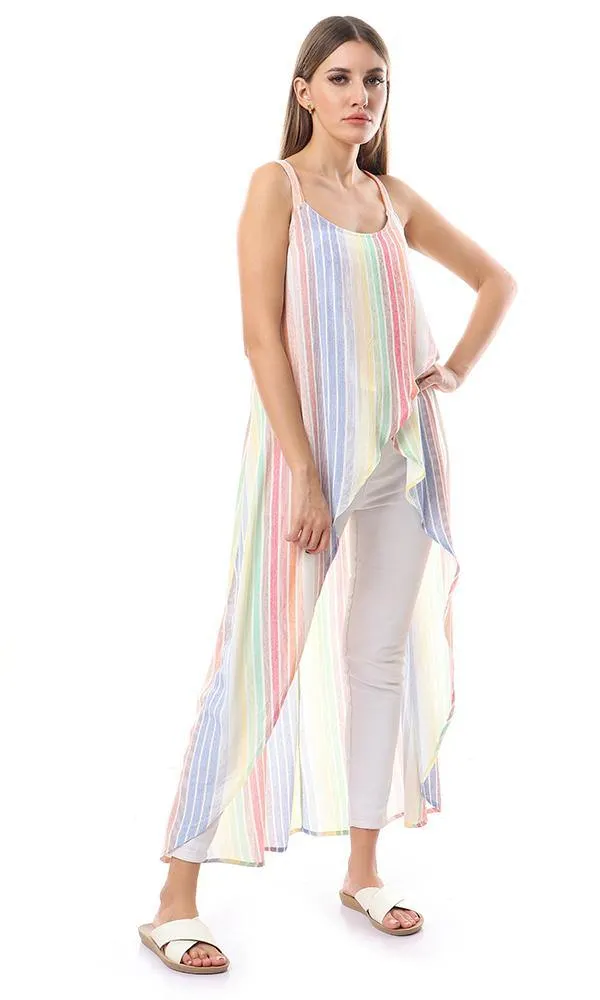 56957 Straps Sleeves Multicolour High Low Stripe Top