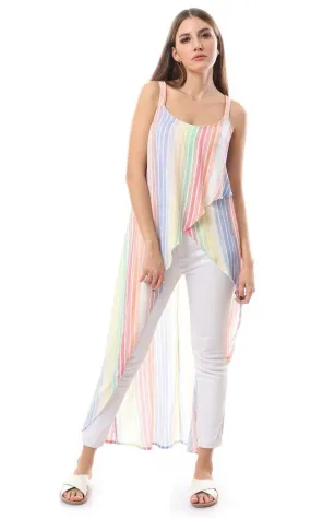 56957 Straps Sleeves Multicolour High Low Stripe Top