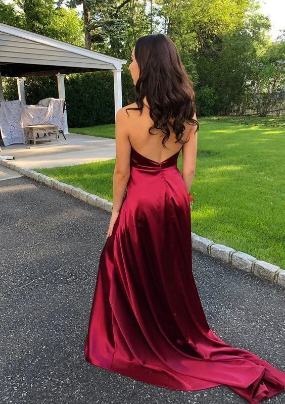 A-Line Burgundy Backless Side Slit Halter V-Neck Prom, PD2305230