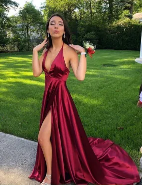 A-Line Burgundy Backless Side Slit Halter V-Neck Prom, PD2305230