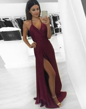 A-Line halter floor-length prom dress, side slit evening dress, PD1295