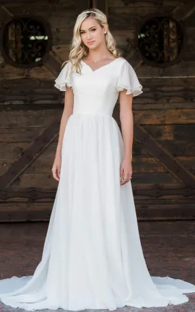 A Line V-neck Chiffon Floor-length Brush Train Short Sleeve Wedding Dress with Ruffles-715926