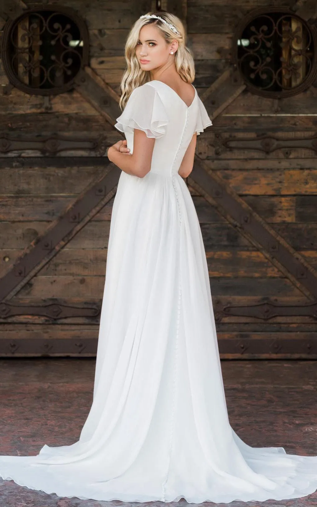 A Line V-neck Chiffon Floor-length Brush Train Short Sleeve Wedding Dress with Ruffles-715926