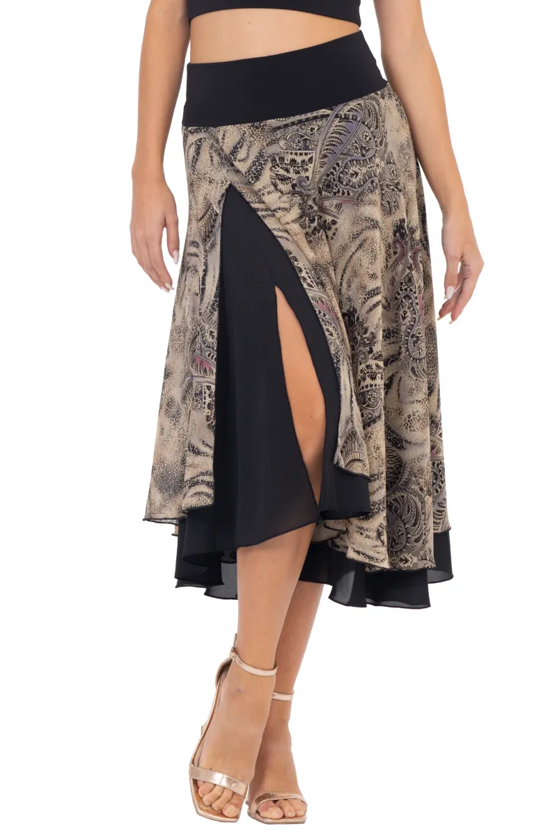 Abstract Paisley & Animal Print Georgette Two-layer Skirt