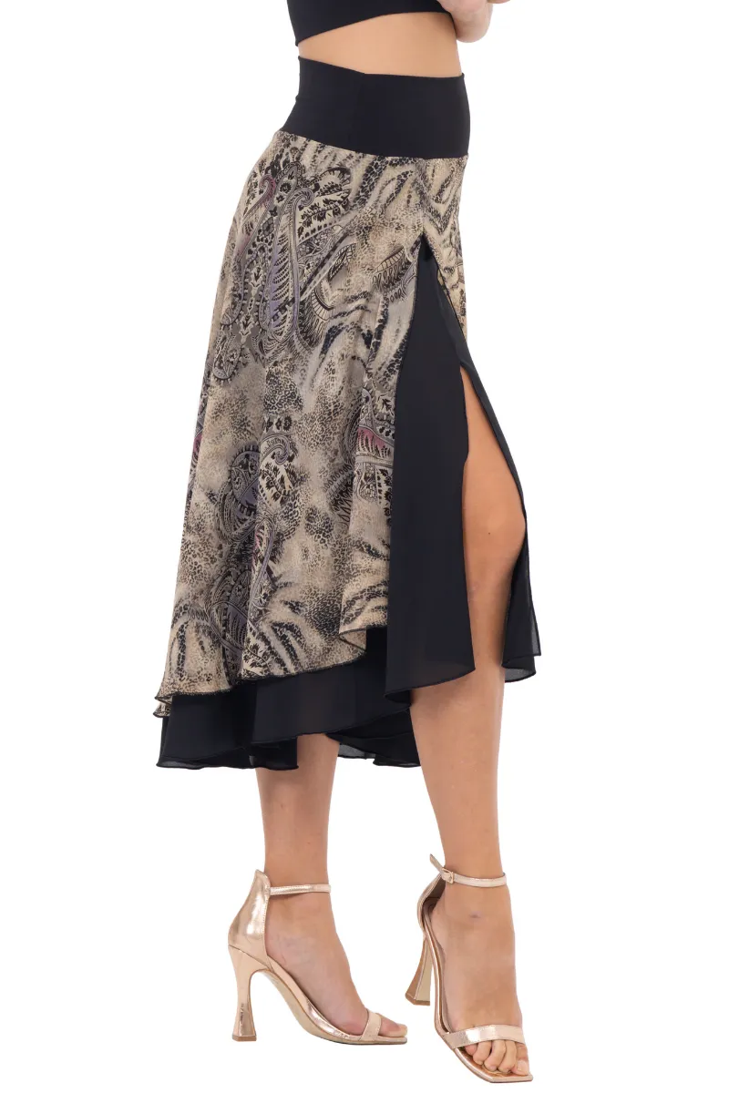 Abstract Paisley & Animal Print Georgette Two-layer Skirt