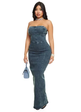 Acid Wash Bandeau Denim Maxi Dress