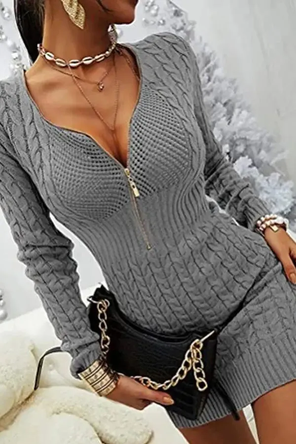 All Fall Things Cable Zipper Neck Knit Sweater Dress