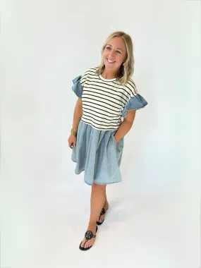 Back When Striped Denim Ruffle Dress