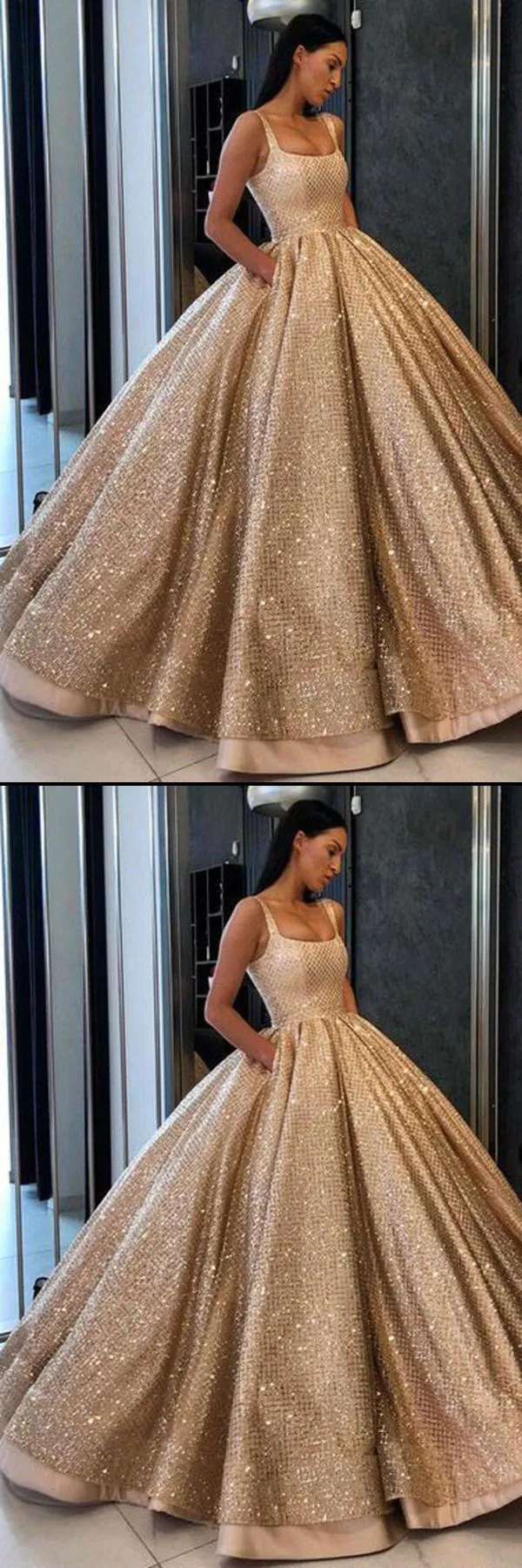 Ball Gown Prom Dress with Pockets Beads Sequins Evening Dresses Floor-Length Gold Formal Dresses,BS022