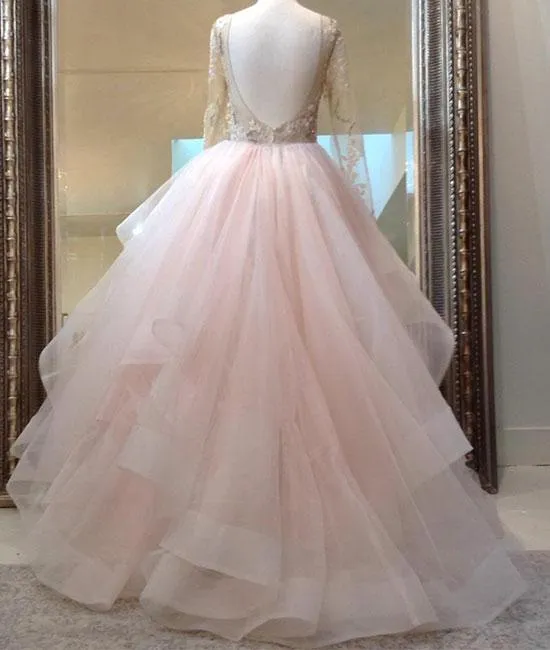 beauty blush pink long sleeves ball gown backless long tulle fluffy prom dress, PD5845