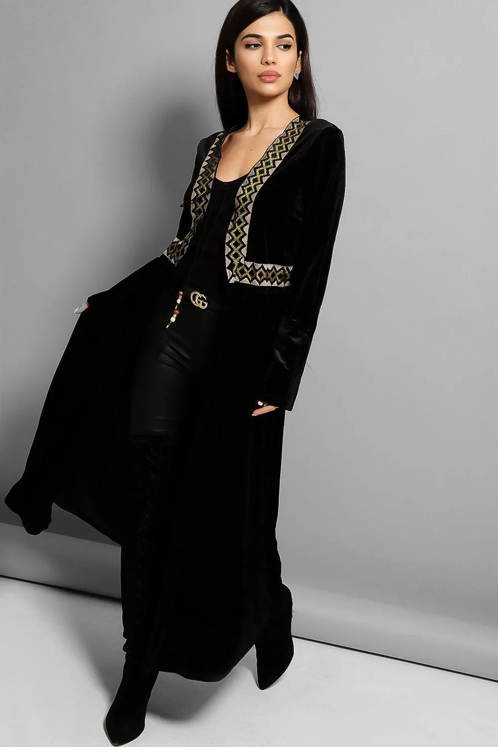 Black Embroidered Panel Velvet Kaftan