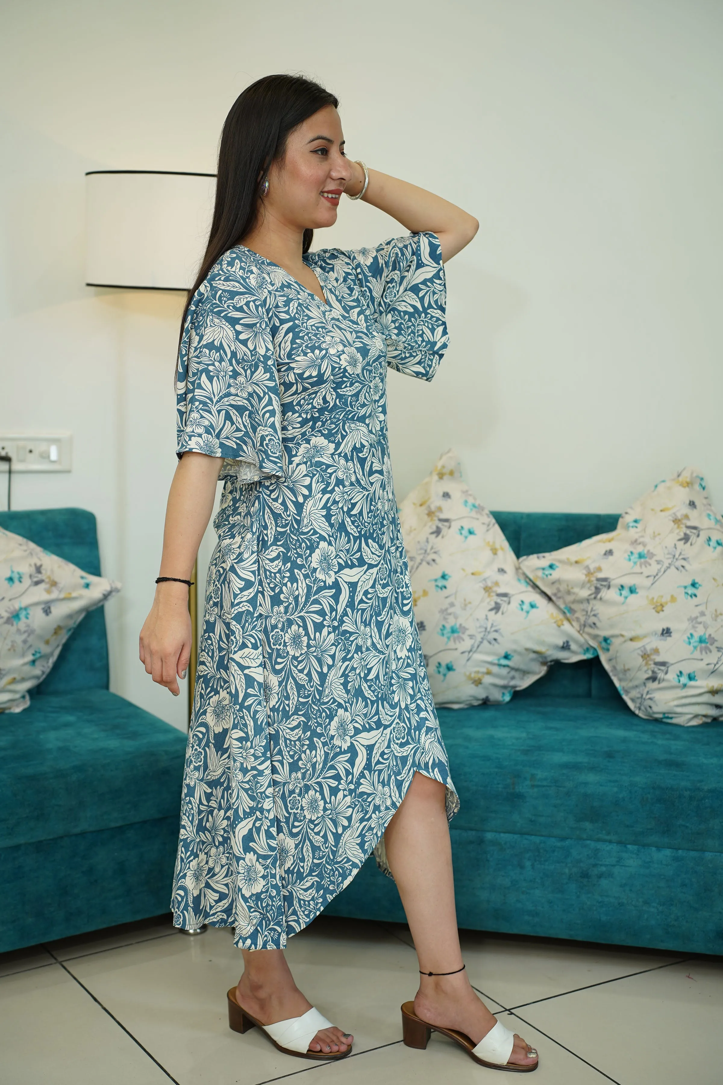 Blue Floral Rayon Wrap Dress