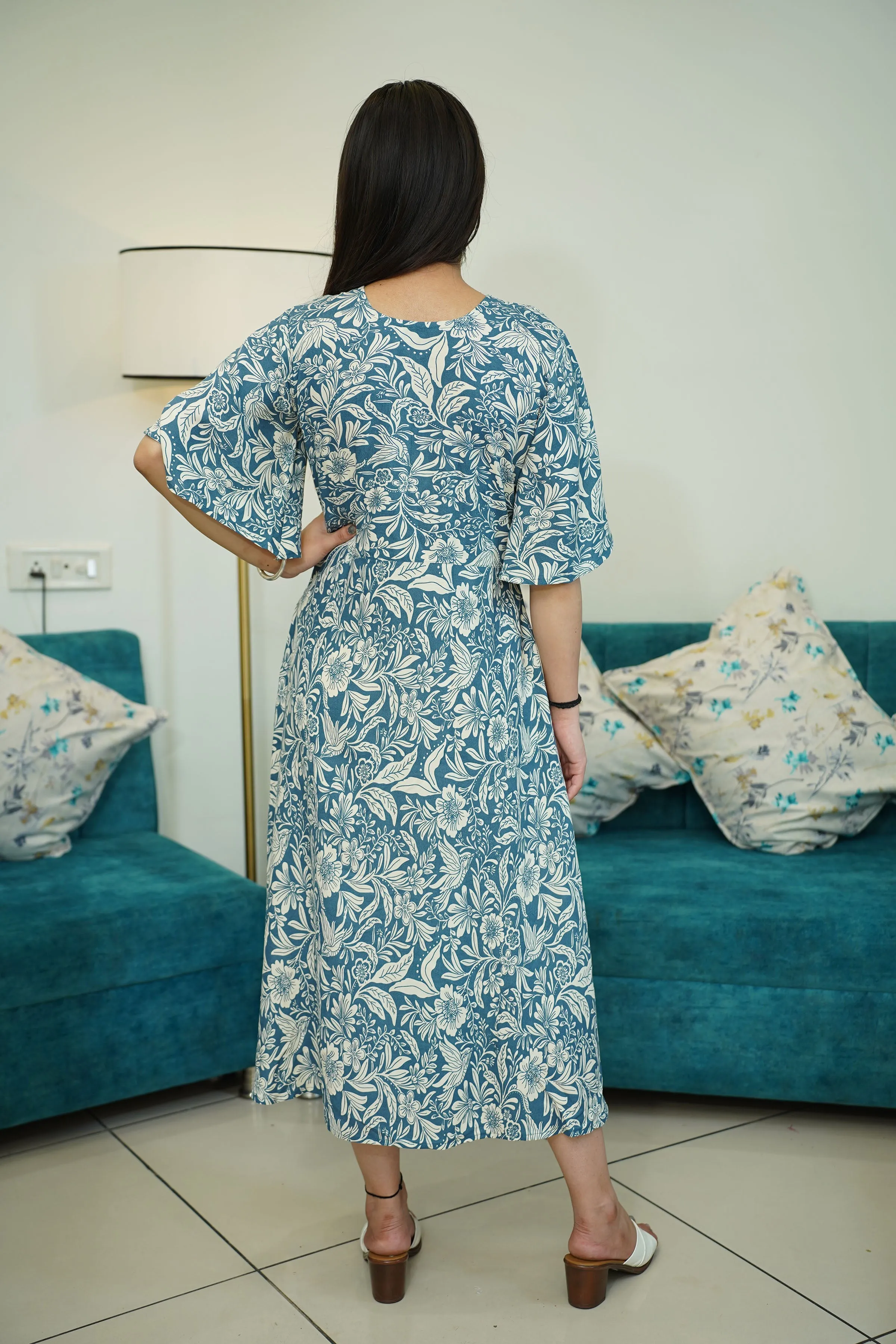 Blue Floral Rayon Wrap Dress