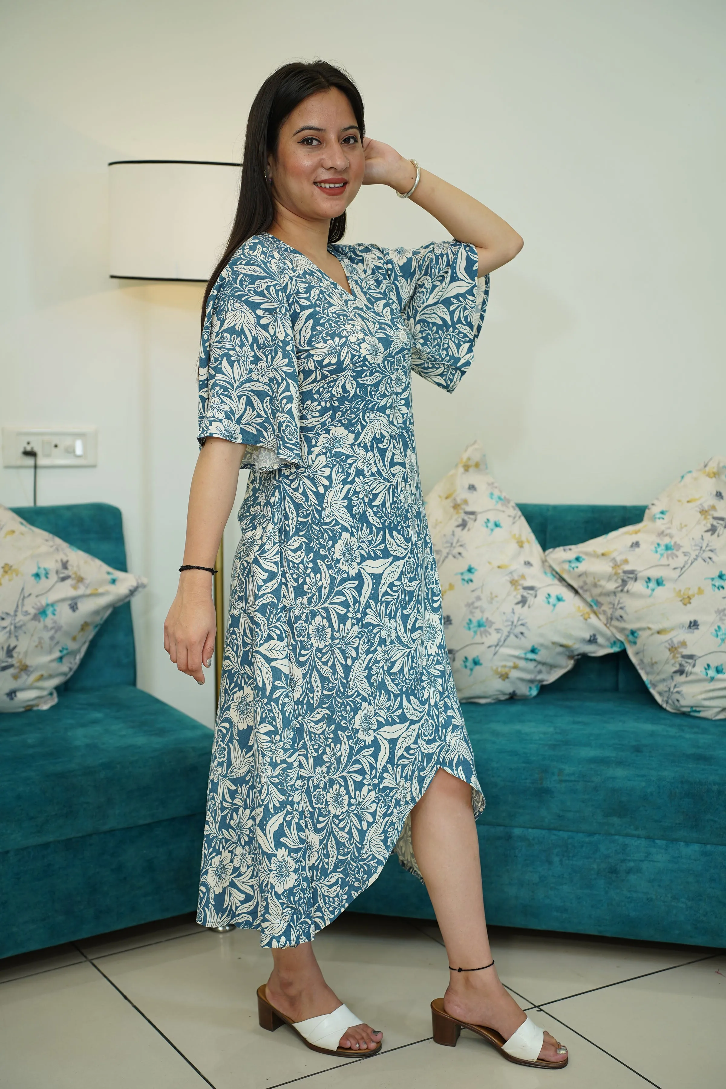 Blue Floral Rayon Wrap Dress