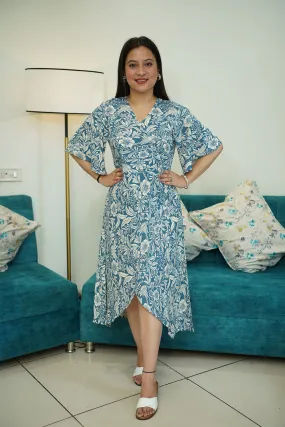 Blue Floral Rayon Wrap Dress