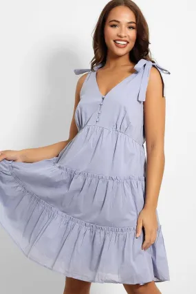 Blue Shoulder Ties Tiered Cotton Sun Dress