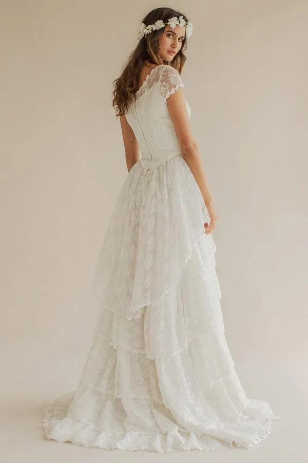 Boho Scoop Neck Cap Sleeve A-Line Tiered Weding Dress With Court Train - ET_711533