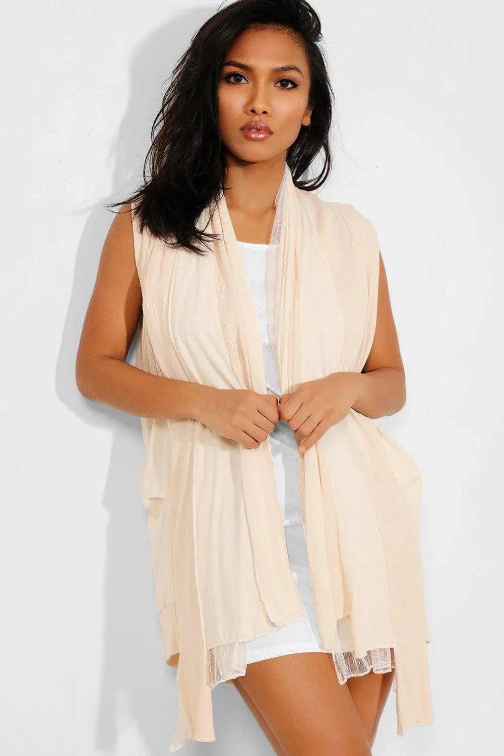 Cream Dobby Mesh Insert Open Front Ribbed Cardigan