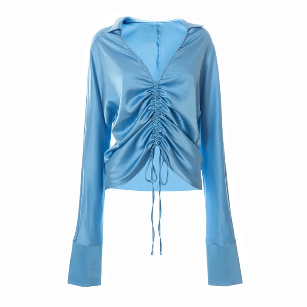 Drawstring Ruched Blue Blouses