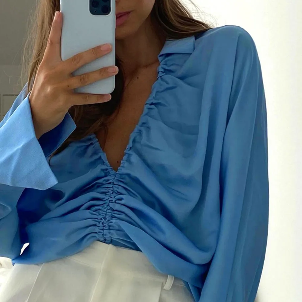 Drawstring Ruched Blue Blouses