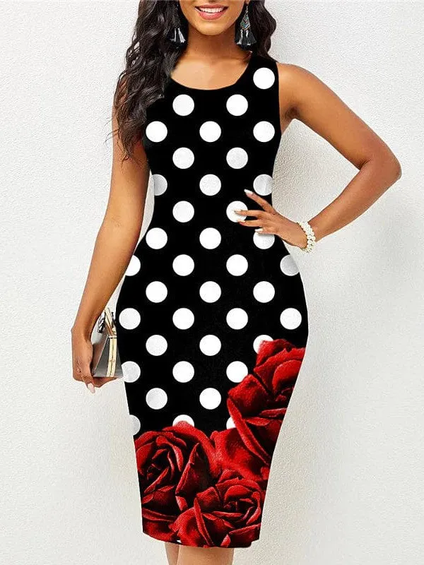 Elegant Floral Print Sleeveless Midi Dress for Women - Black/Wine Red