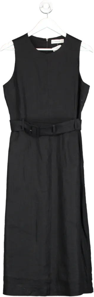 EVERLANE Black The Linen Belted Midi Dress UK S