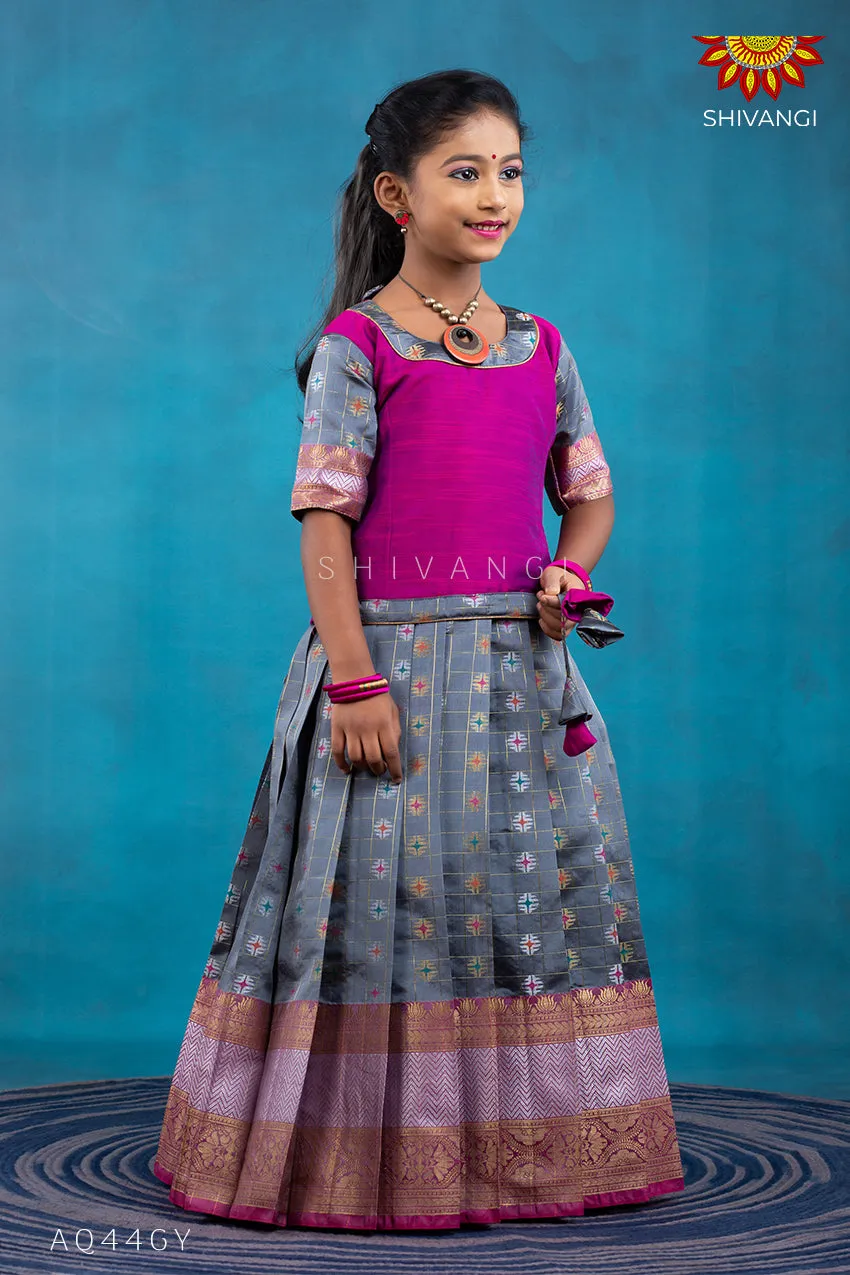 Girls Grey checks golden lotus Pattu Pavadai