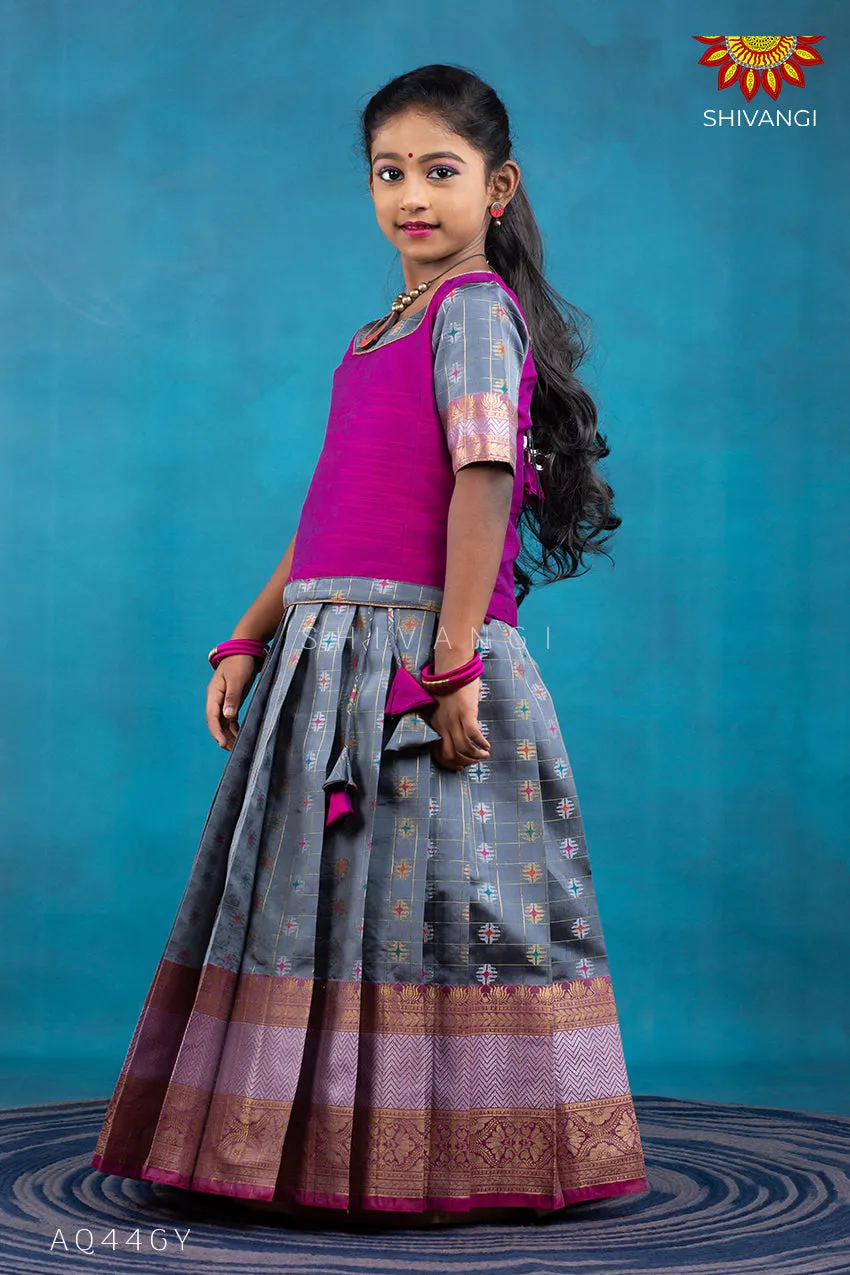 Girls Grey checks golden lotus Pattu Pavadai