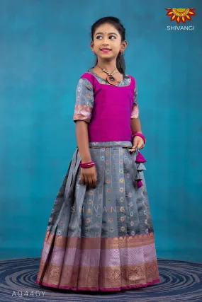 Girls Grey checks golden lotus Pattu Pavadai