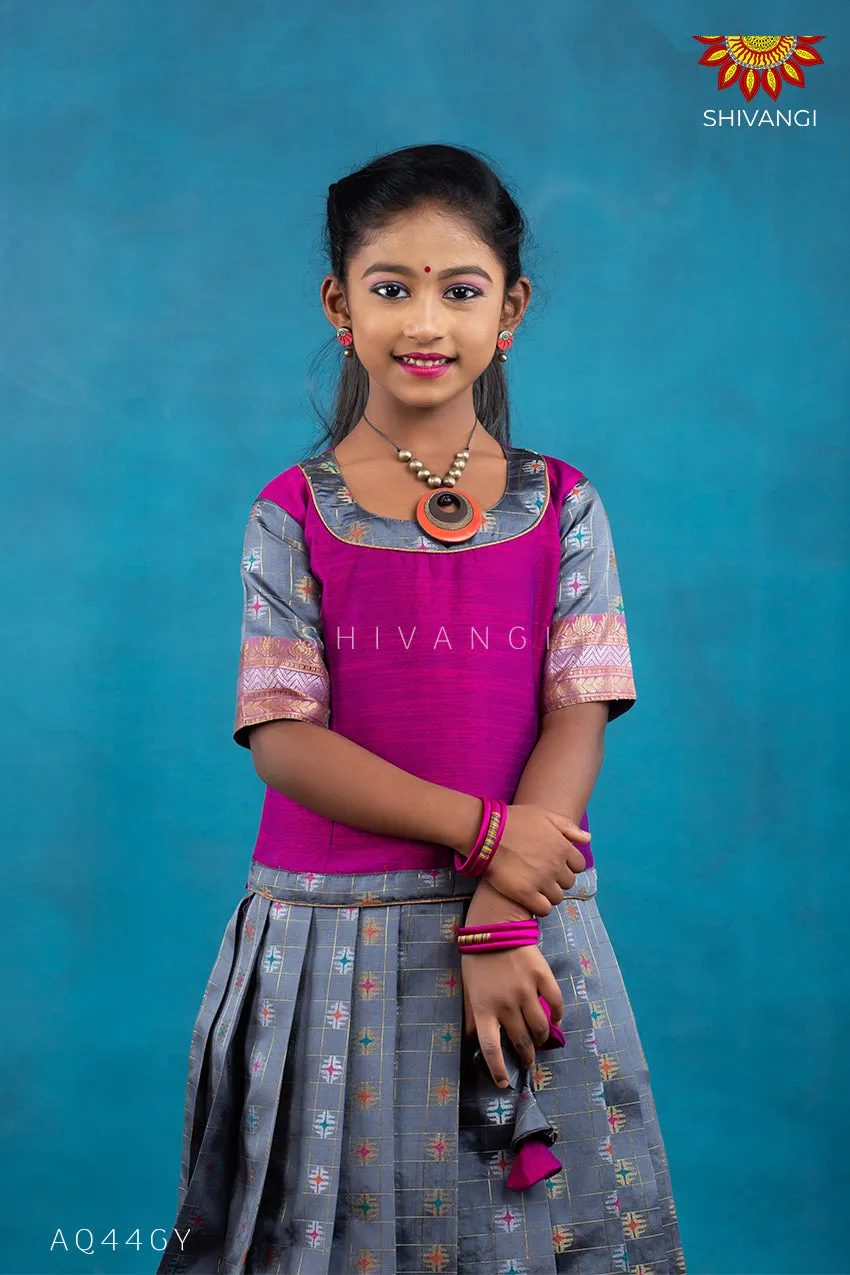 Girls Grey checks golden lotus Pattu Pavadai