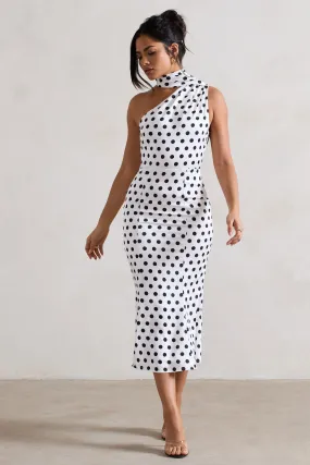 Golden Girl | White Polka Dot One Shoulder High-Neck Flared Midi Dress