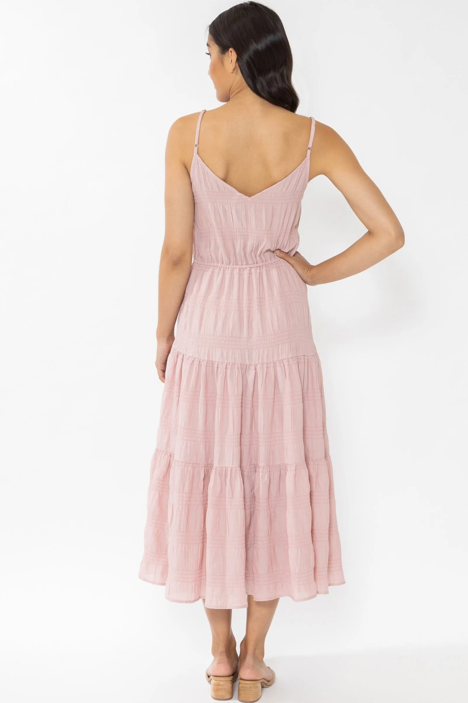 Hope Blush Shirred Tiered Strappy Midi Dress