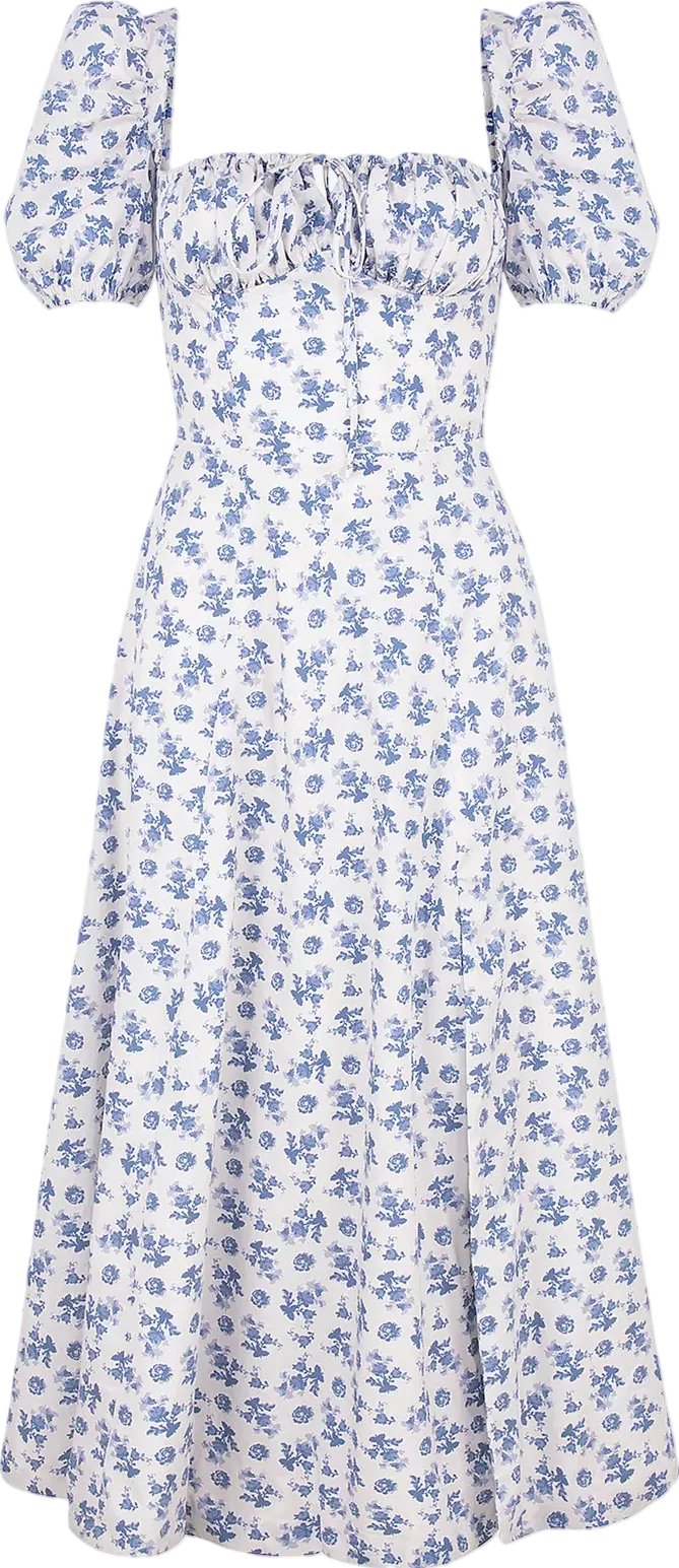 House of CB White /blue Tallulah Floral-print Stretch-cotton Blend Midi Dress UK M