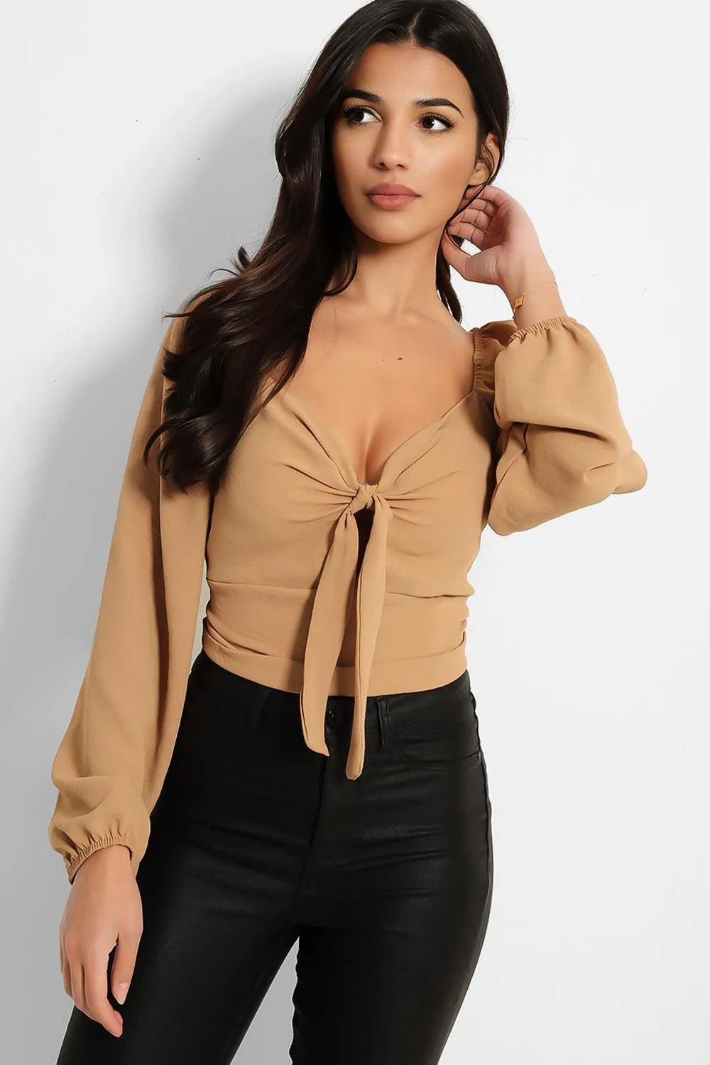 Lantern Sleeve Peek-a-Boo Tie Crop Top