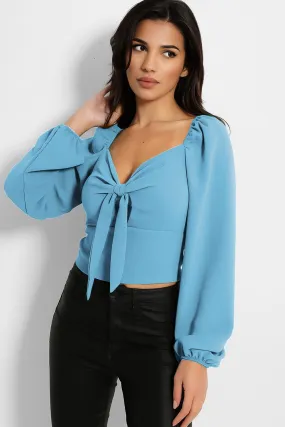 Lantern Sleeve Peek-a-Boo Tie Crop Top