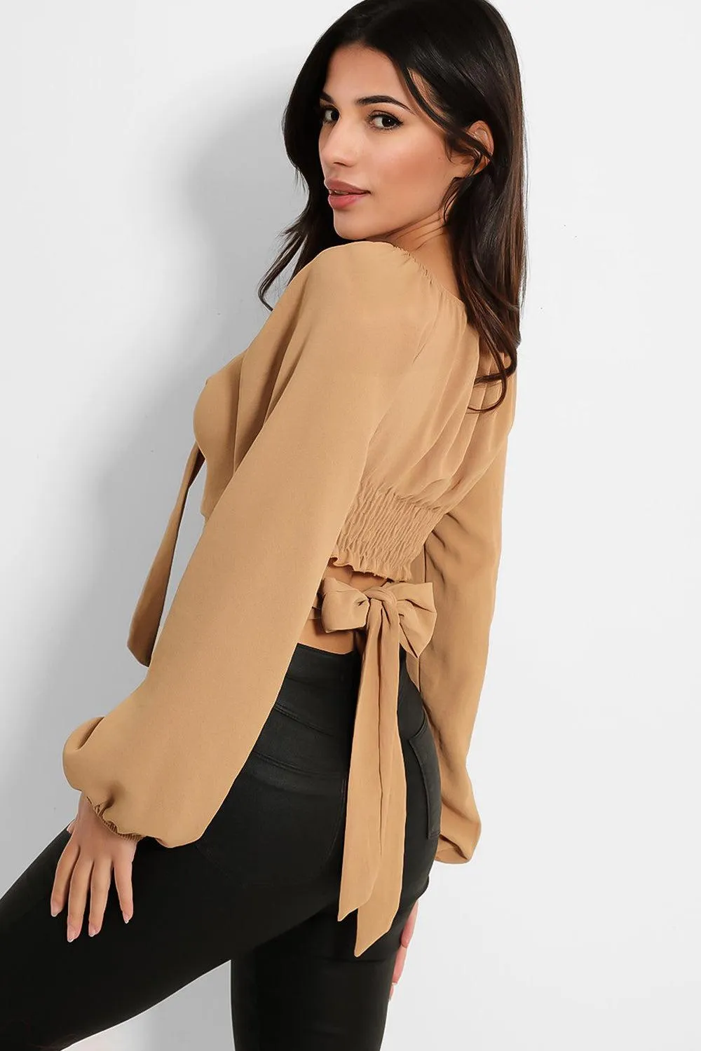 Lantern Sleeve Peek-a-Boo Tie Crop Top