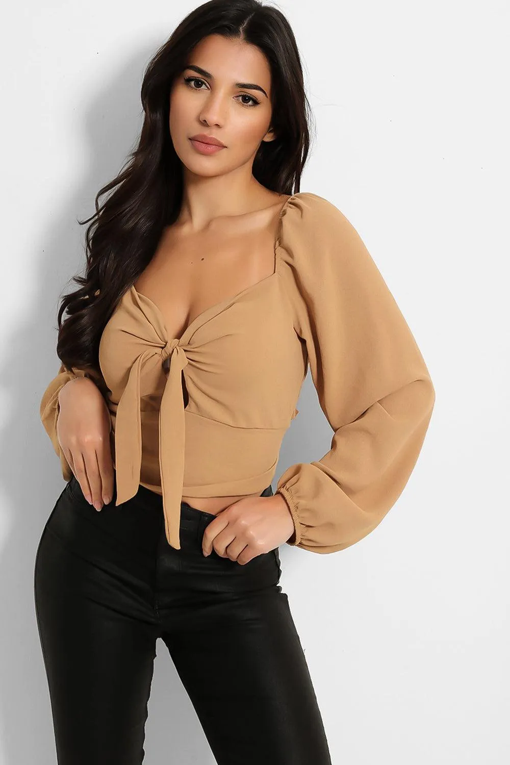 Lantern Sleeve Peek-a-Boo Tie Crop Top