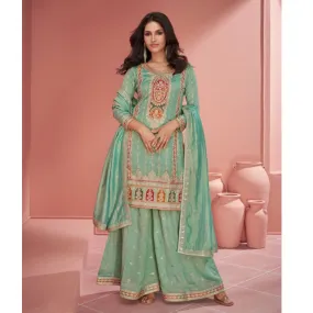 Luxury Green Party wear Women Top Plazo Dupatta Suit