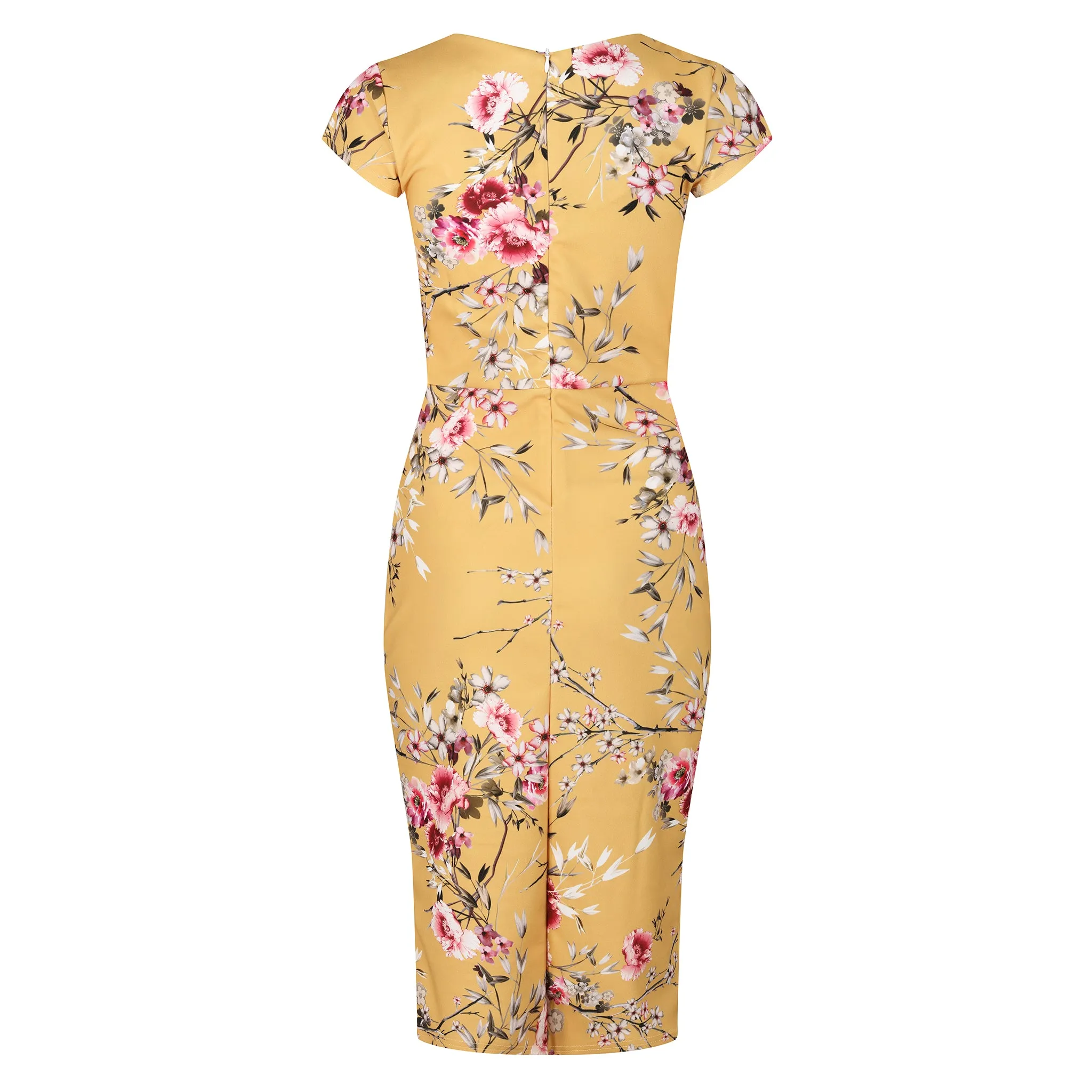 Mustard Yellow Floral Print Cap Sleeve V Neck 40s Style Wiggle Dress