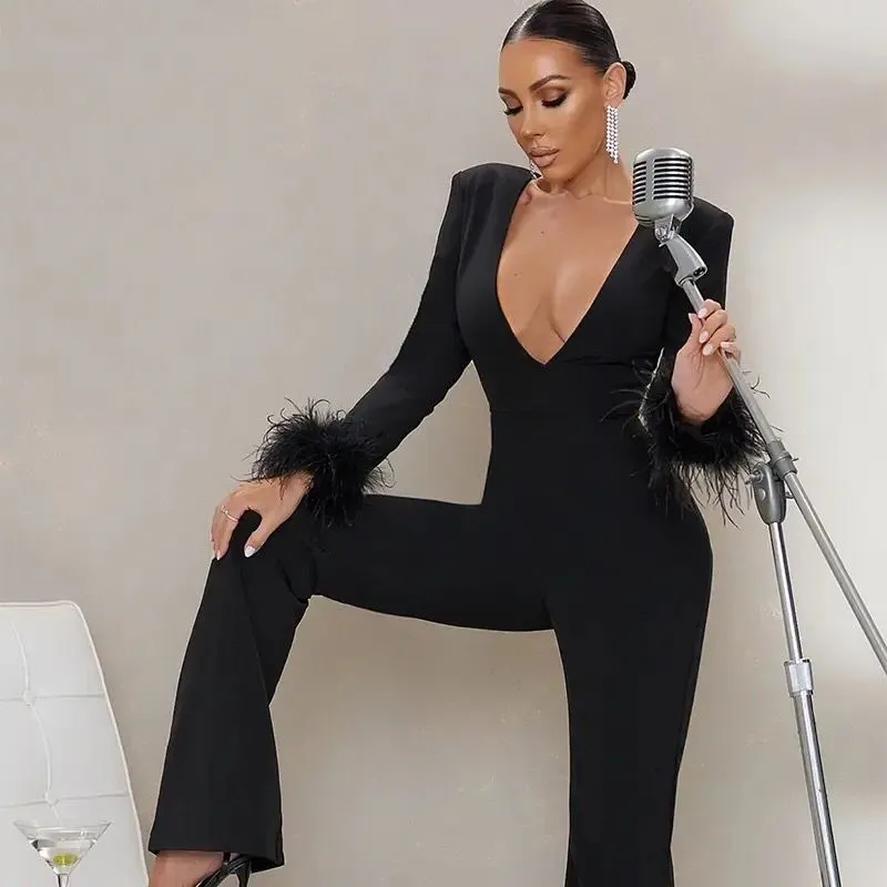 New Fashion Black Color Women Long Sleeve Sexy Deep V-Neck Bodycon Jumpsuit Feathers Rayon Bandage Celebrate Evening Dress X40291