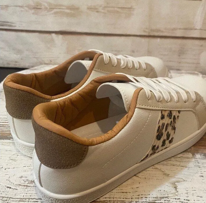 new white sneakers   terra-cotta cheetah or cabin white - silver & black striped low top lace up tennis shoes women 7.5 8