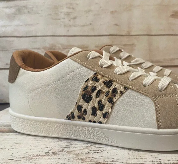 new white sneakers   terra-cotta cheetah or cabin white - silver & black striped low top lace up tennis shoes women 7.5 8