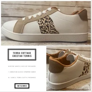 new white sneakers   terra-cotta cheetah or cabin white - silver & black striped low top lace up tennis shoes women 7.5 8