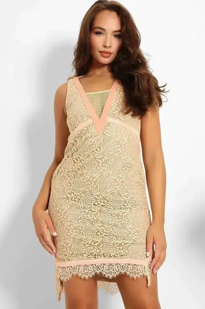 Nude Lace Mesh V-Neck Sleeveless Bodycon Dress