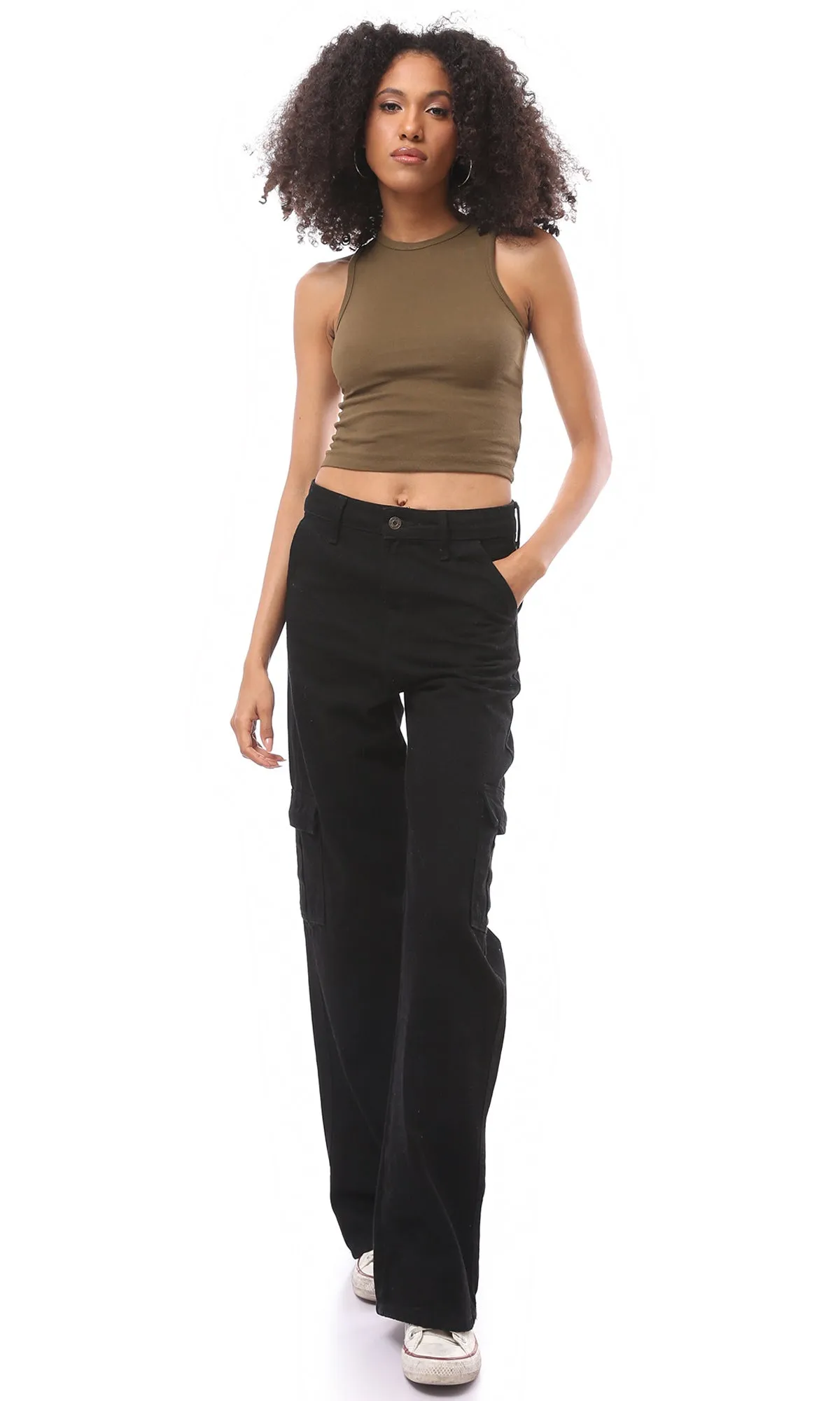 O166396 Slip On Sleeveless Solid Dark Khaki Cropped Tank Top