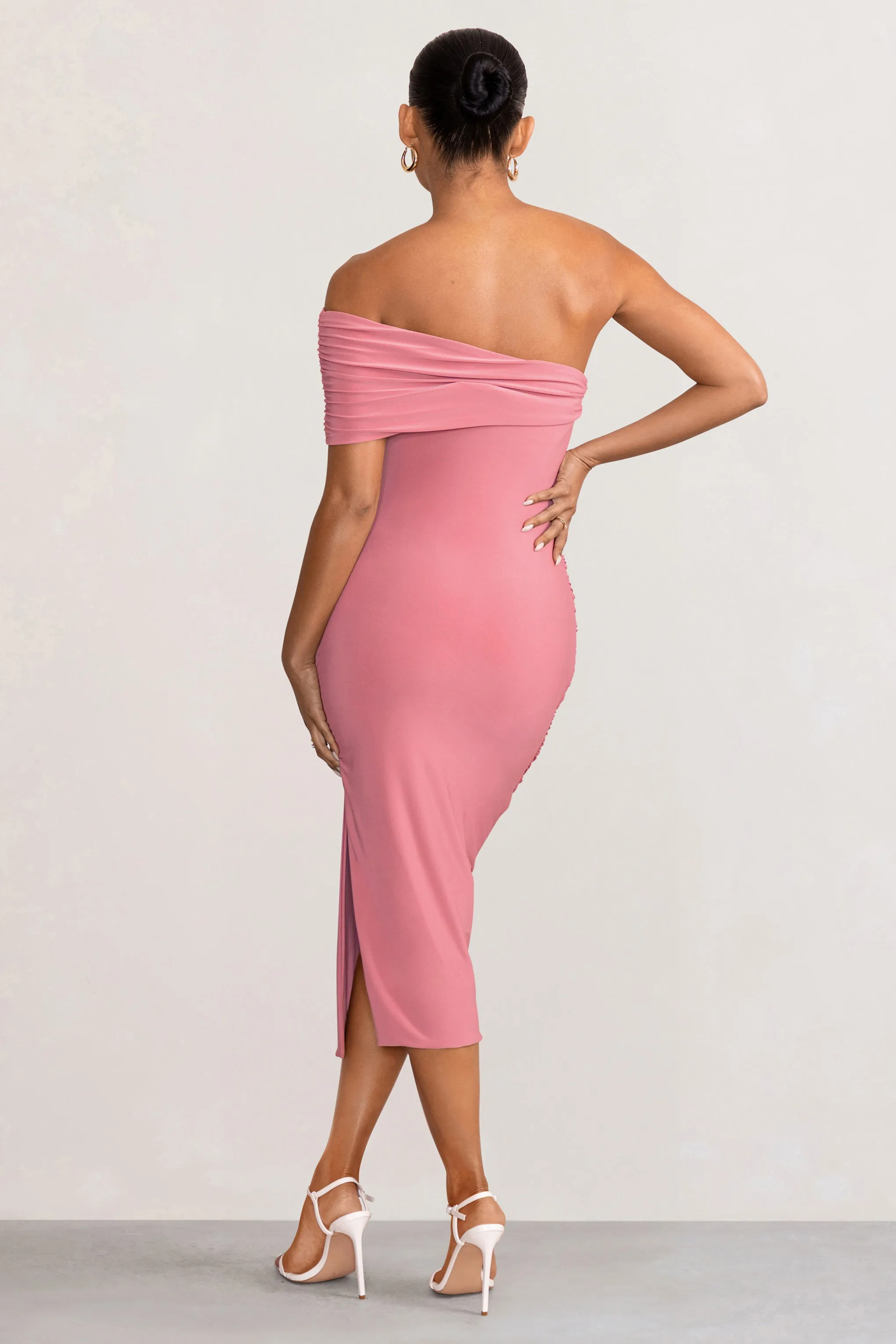 Odelia | Blush Maternity Midi Dress with Asymmetric Sleeve and Side Split