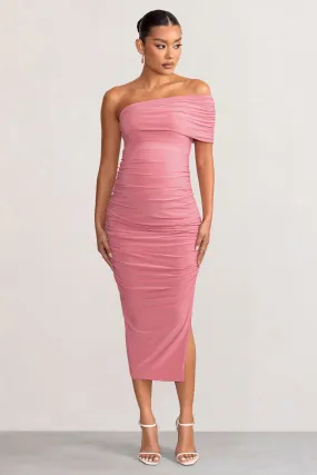 Odelia | Blush Maternity Midi Dress with Asymmetric Sleeve and Side Split