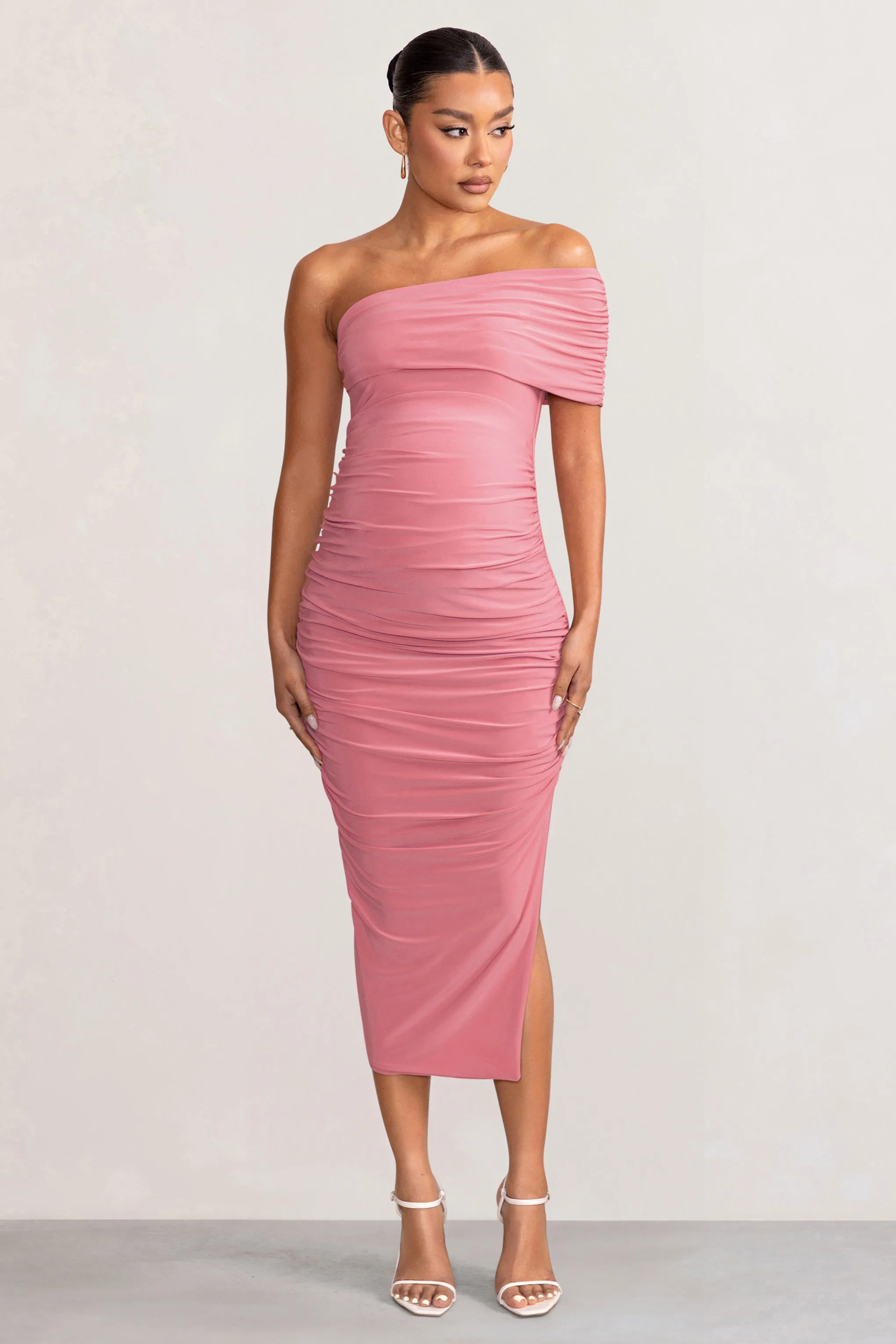 Odelia | Blush Maternity Midi Dress with Asymmetric Sleeve and Side Split