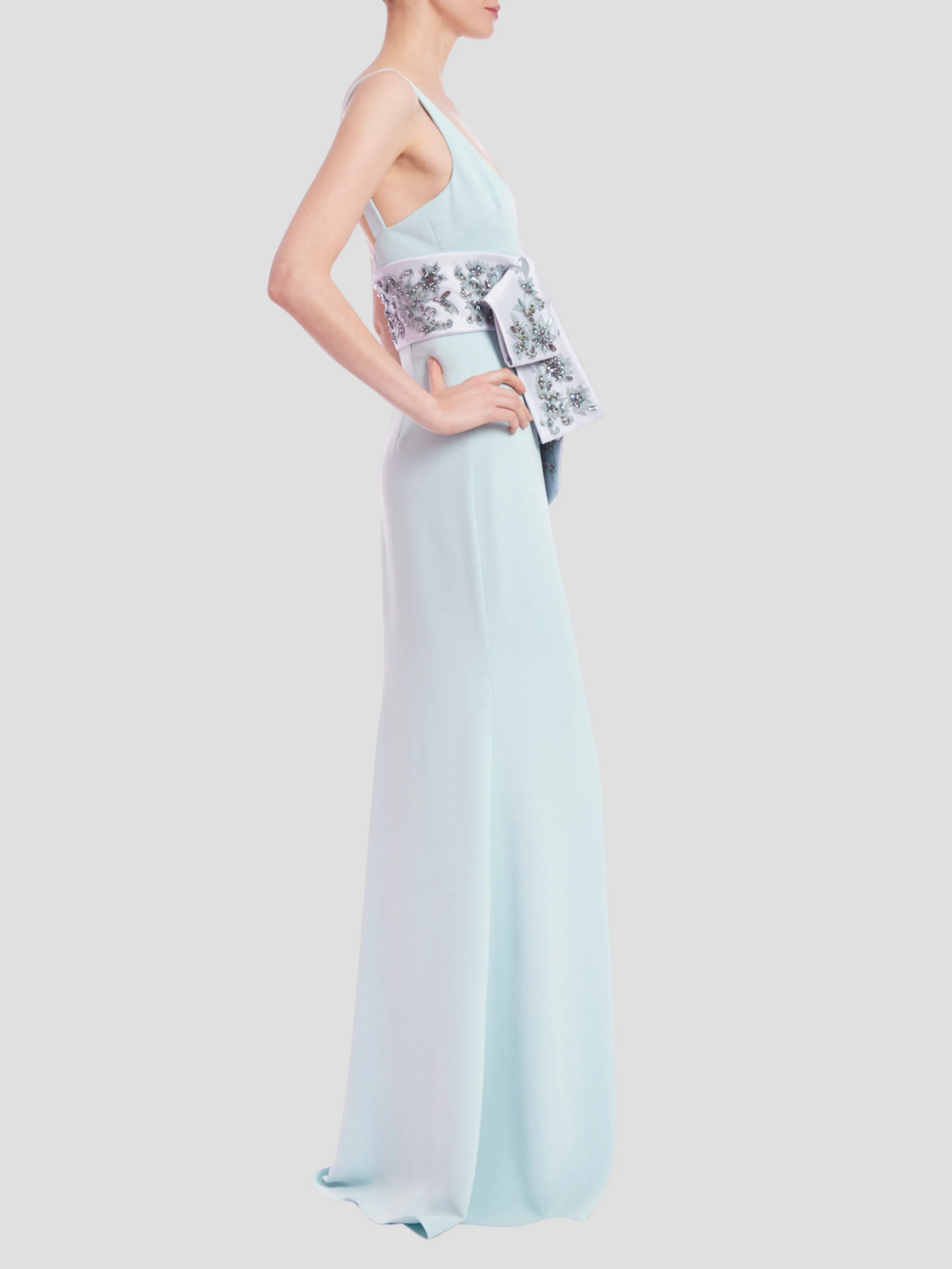 Scoop Neck Column Gown with Embellished Sash