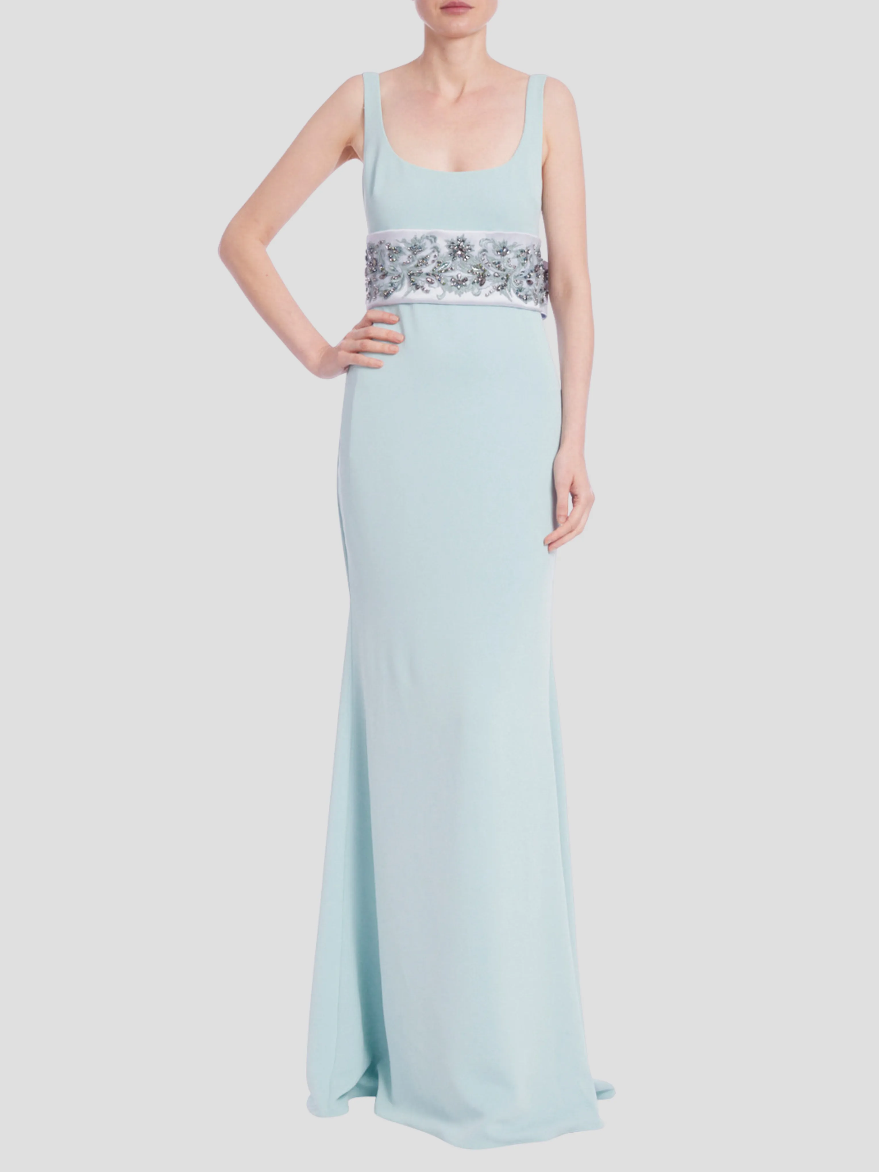 Scoop Neck Column Gown with Embellished Sash